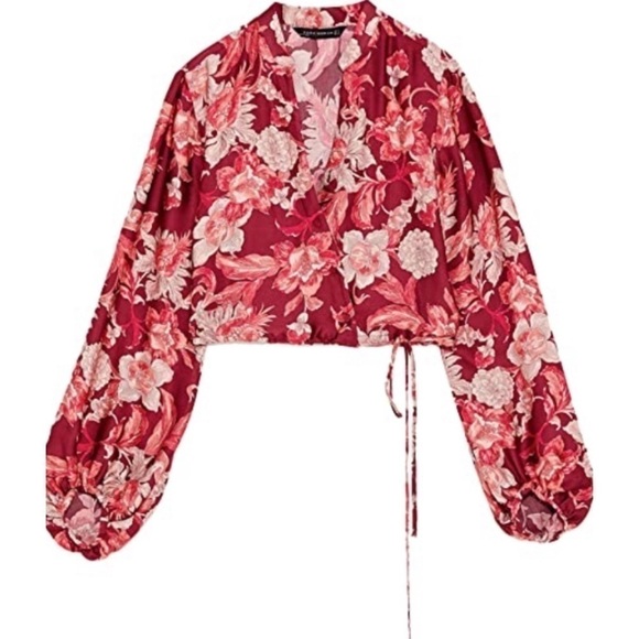 ZARA Maroon Floral Printed Voluminous Sleeve Blouse - Picture 1 of 13